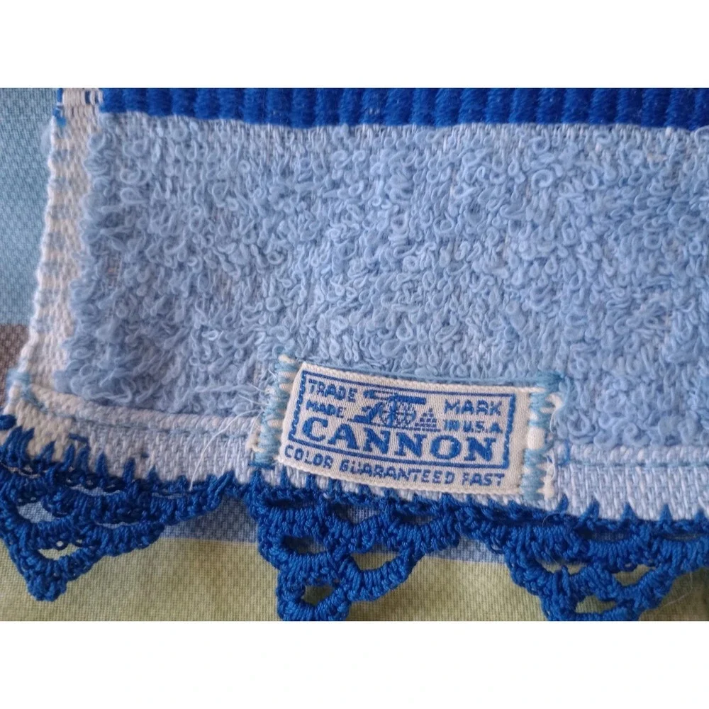 Cannon Vintage Hand Towel & Washcloth (2) Set Blue Crochet Lace Trim MCM Coastal